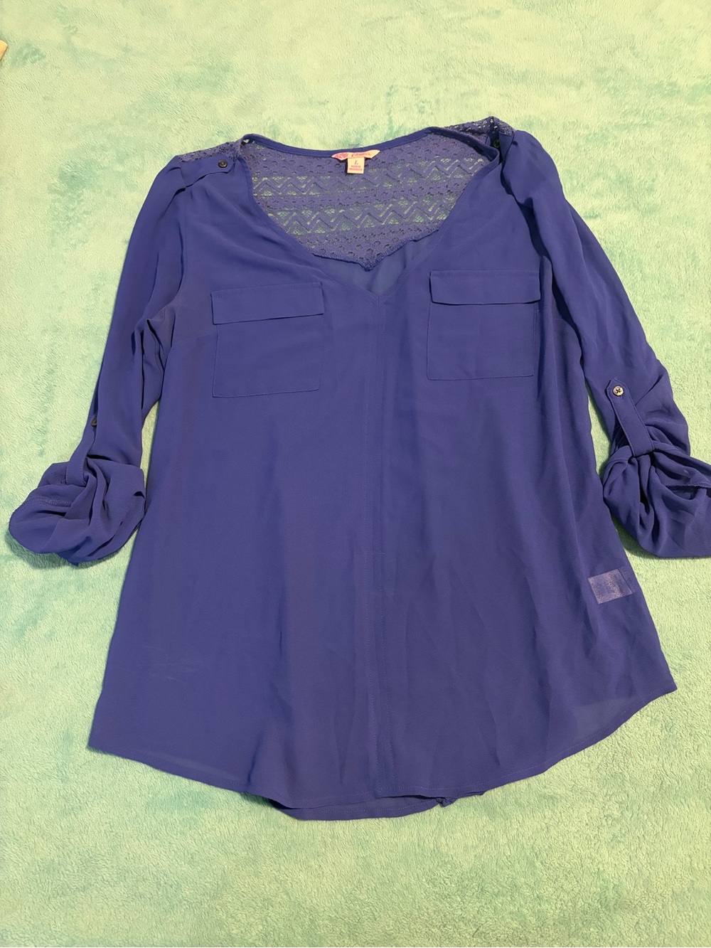 Candie's Lace-Back V-Neck Blouse in Cobalt